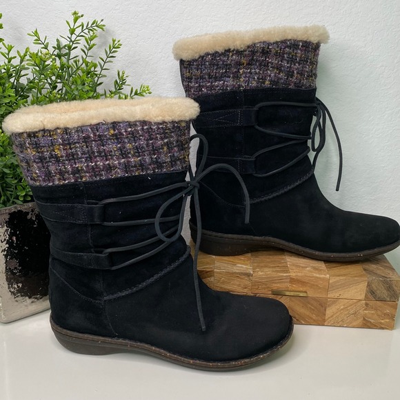UGG Tanasa Black Suede Leather Knit Cuff Shearling Winter Boots Women's Size 12 - Picture 1 of 11
